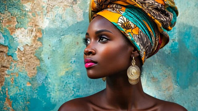 A woman wearing a colorful head wrap looks thoughtfully into the distance against a weathered turquoise wall