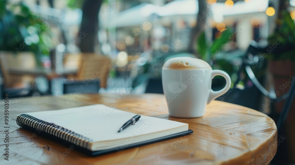 Wall mural empty blank white pages in a notebook journal resting on an office table next to a coffee mug.