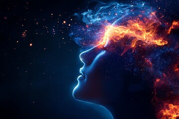 Obraz premium Silhouette of a woman's face illuminated with vibrant cosmic light and fiery elements against a dark background, symbolizing imagination and energy.