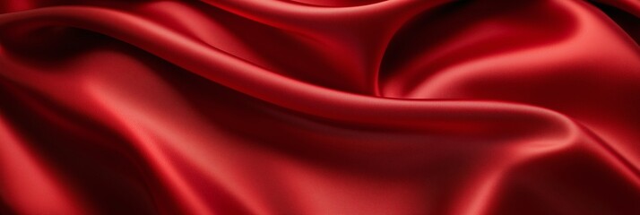 Abstract red silky wavy satin fabric material background. Panoramic (3:1)