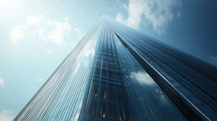 Low Angle View of a Modern Glass Skyscraper Against a Blue Sky