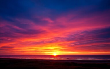 Stunning sunset with vibrant colors over the ocean, dramatic clouds, and serene horizon capturing the beauty of nature in a tranquil setting.
