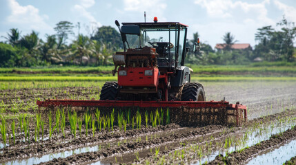 Rice planter machine working in lush green rice field, efficiently planting seeds in rows. vibrant landscape showcases agricultural productivity and modern farming techniques