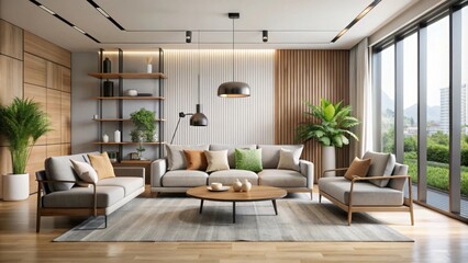 Interior of modern design featuring natural wood and neutral colors