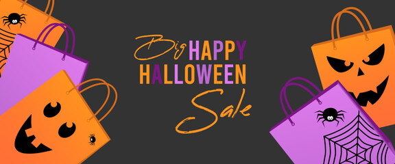 Happy Halloween sale banner, flyer on grey background with halloween bag, spiders, web.