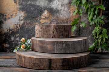 Background for products cosmetics, food or jewellery. Rustic wood pieces podium. Front view with generative ai