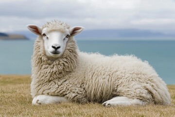 Fototapeta premium Peaceful Pasture New Zealand Sheep Relaxing on Scenic Coastline, Farm Animal Portrait