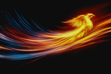 Phoenix Fiery bird ablaze with bright flames, soaring through dark space, radiating energy and rebirth