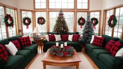 This living room features festive Christmas decorations, including wreaths and a small tree, providing a warm and inviting setting ideal for holiday gatherings and celebrations.