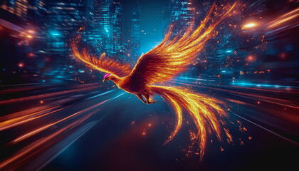 Phoenix Fiery bird ablaze with bright flames, soaring through dark space, radiating energy and rebirth