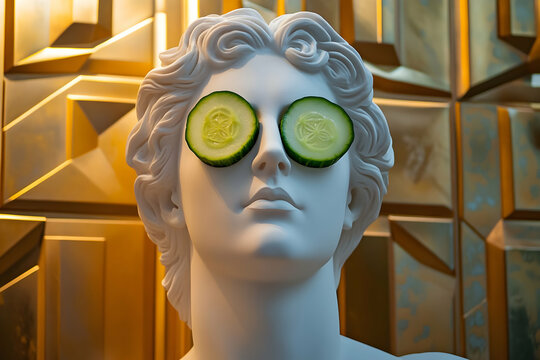 Classical Marble Statue With Slices of Cucumber Over the Eyes in a Playful Spa-Themed Display. Generative AI - Powered by Adobe