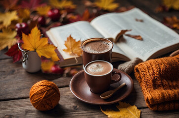 A cozy autumn composition with knitting, a book, and a hot drink