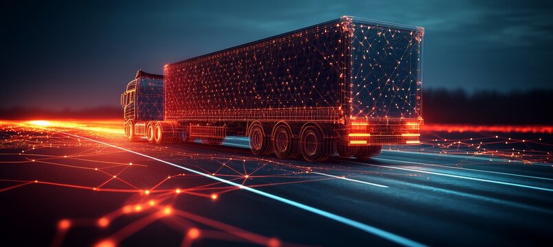 Digital Truck on a Red Technology Background. An Abstract Icon of Freight Transport and Industry 4.0