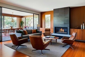 Fototapeta premium Mid Century Modern Living Room Design Featuring Brown Leather Chairs Grey Sofa and Cozy Fireplace