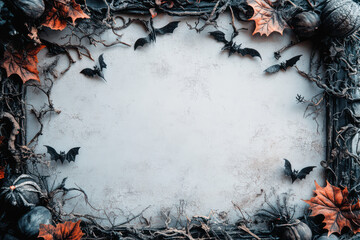 A spooky, autumn-themed frame decorated with bats, leaves, and pumpkins, creating an eerie backdrop for Halloween.