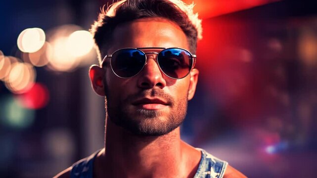 Handsome man in sunglasses with neon lights reflection. Close-up portrait of stylish male model at night. Urban fashion photography with colorful bokeh background. Retro-futuristic mood.