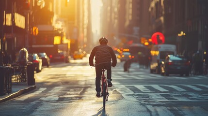 Obraz premium Bicyclist riding through vibrant city street. Urban cycling adventure through vibrant city streets