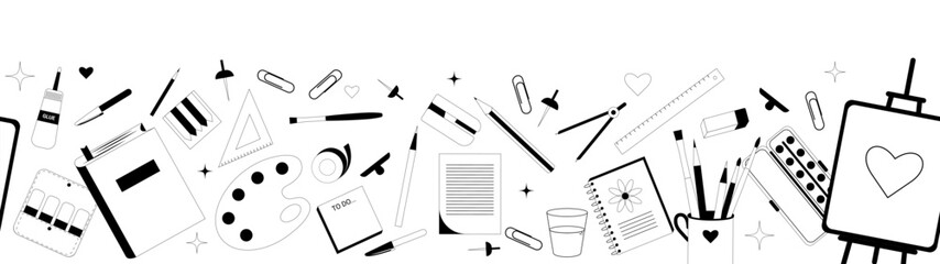 Stationary, science or back to school vector long graphic background or banner with ruler, paper, clip, stickers, compass for drawing, headphone, pencil, canvas, tape, paint, to do list and pins.
