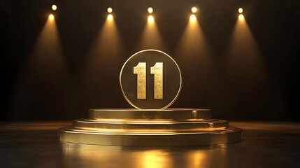 The number 11 is illuminated in gold on a platform.