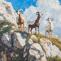Three goats stand majestically on rocky terrain under a bright blue sky with fluffy clouds, showcasing nature's beauty.