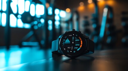 Stylish fitness watch on a gym table, showcasing digital display and modern design. Perfect for workout and health enthusiasts.