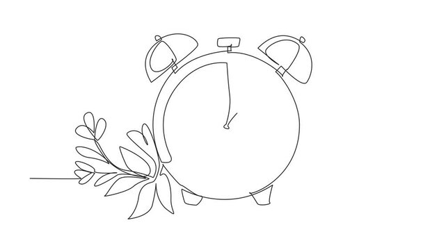 Animated self drawing of single one line drawing alarm clock shows 2 o'clock with leaves and flowers. Waiting. Prepare by creating a reminder. Daylight Saving Time. Full length single line animation