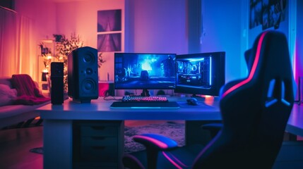 Cozy gaming corner with dual screens, glowing LED strips, a vibrant gaming chair, and high-end speakers in a warm, organized environment.