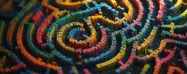 Vibrant abstract maze with colorful patterns. An intricate design highlighting texture and creativity, perfect for artistic projects.