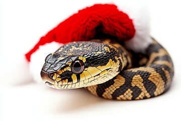 Fototapeta premium Cute Christmas Snake Australian Diamond Python Wearing Tiny Santa Hat, Isolated on White.