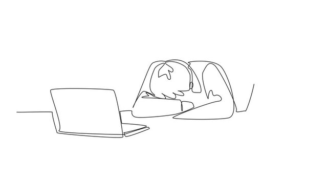 Self drawing animation of single continuous line drawing businessman sits and asleep at office desk. Many deadlines in the pile of papers to be completed. National Napping Day. Full length animated