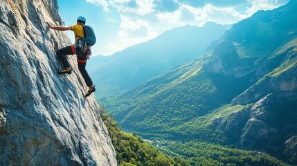 A rock climber scales a steep cliff face, with a valley and mountain range in the background.
