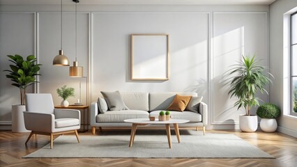 Interior design of a contemporary living room featuring stylish furniture and large windows, creating a bright and airy ambiance