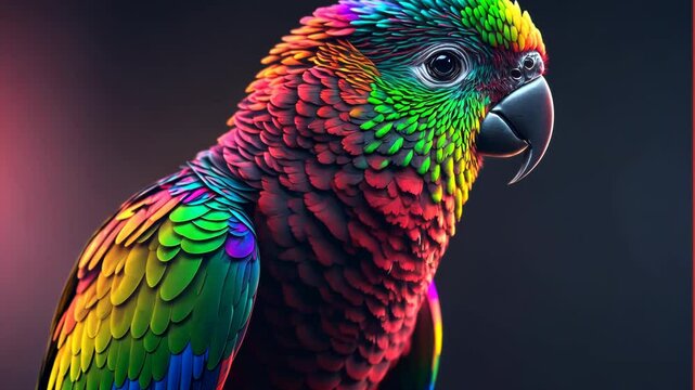 Vivid close-up of colorful parrot with iridescent feathers, showcasing exotic bird's beauty in neon-like lighting. Detailed macro shot of tropical avian species for wildlife documentary