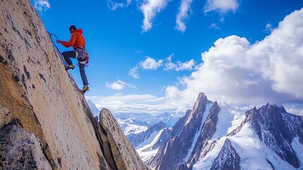 A rock climber scales a steep cliff face, with a valley and mountain range in the background.