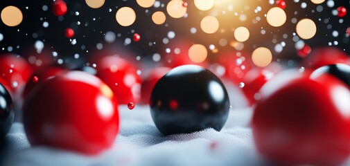 Red and black Christmas baubles in a snowy winter setting, 3D illustration