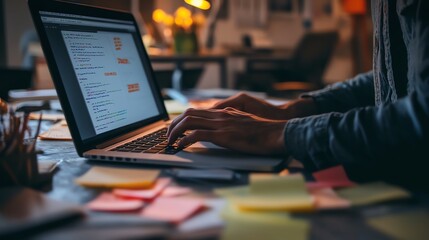 Focused individual typing on a laptop surrounded by colorful sticky notes in a cozy workspace.