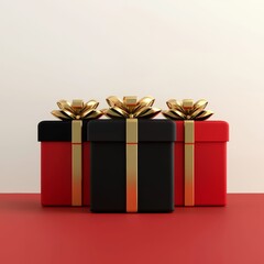 Obraz premium Red and black Christmas gift boxes with golden ribbons, 3D illustration