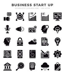 Vector icons set of Business Start Up. Glyph style Icons.