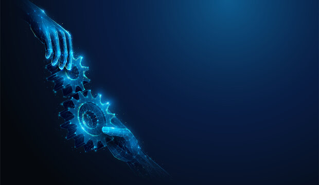 Abstract illustration of two hands holding gears approaching in low poly style. Blue geometric background depicting synergy partnership and industry teamwork concept by wireframe connection structure