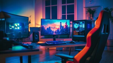 Stylish gaming area with dual monitors, vibrant LED strips, a colorful chair, and premium audio for an immersive and inviting space.