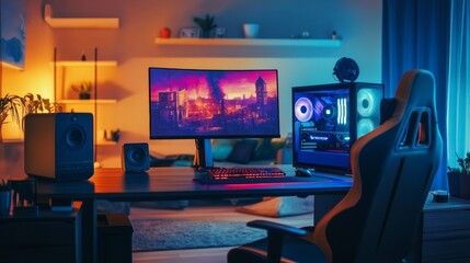 Naklejka premium Ultimate dual-monitor gaming rig with an RGB chair, LED lights, and top-quality speakers in a sleek modern room.