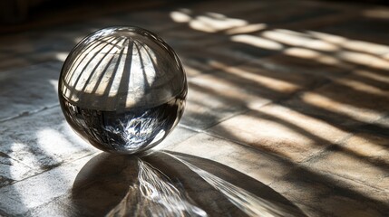 A reflective glass sphere resting on a wooden floor, casting intricate shadows and creating a beautiful interplay of light.