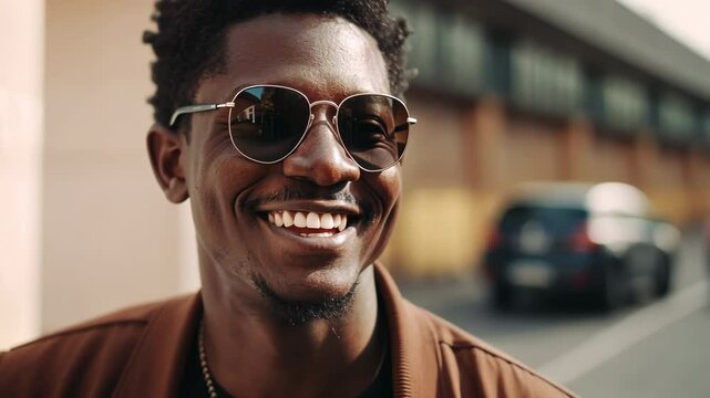 Young African man with bright smile, wearing sunglasses and yellow jacket. Portrait of stylish black male with positive expression in urban setting. Friendly and confident person radiating happiness