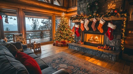 A cozy living room with a roaring fireplace, stockings hung on the mantle, and a Christmas tree adorned with twinkling lights.