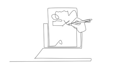 Animated self drawing of continuous line drawing hand is making corrections to the writing on the paper attached to the laptop screen. National Proofreading Day. Full length single line animation