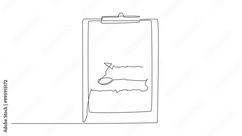 Poster self drawing animation of continuous line drawing a correction notes on paper attached to clipboard.