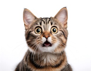 Obraz premium Angry and surprised cat isolated on a transparent PNG background with a funny and excited expression, wide eyes and open mouth, capturing a humorous and animated moment in feline behavior.
