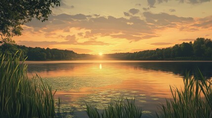 A tranquil sunset over a serene lake, with lush greenery reflecting on the water, creating a peaceful atmosphere.