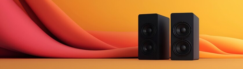 Obraz premium Colorful sound waves surround three modern speakers, creating a vibrant atmosphere perfect for music promotions or audio projects