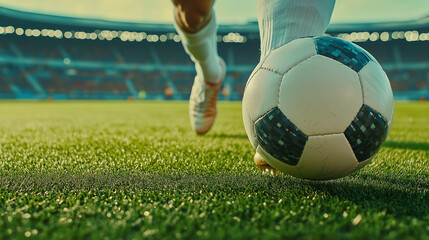 A soccer player's legs are in motion, positioned to kick a ball on a sunlit pitch with stadium viewers